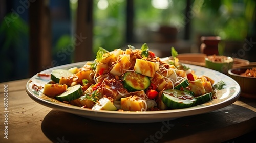 Rujak cingur is a typical regional food from Surabaya, Indonesia, made from vegetables and beef nose.generate A photo