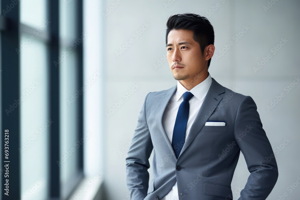 Business Elegance: Japanese Businessman in Business Suit Leaning Against White Wall
Business Elegance: Japanese Businessman in Business Suit Leaning Against White Wall