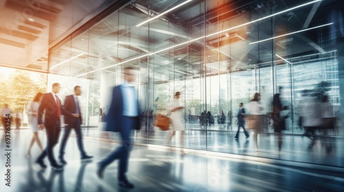 Dynamic Office Life: Businesspeople Walking at Modern Coworking Center with Motion Blur  © hisilly