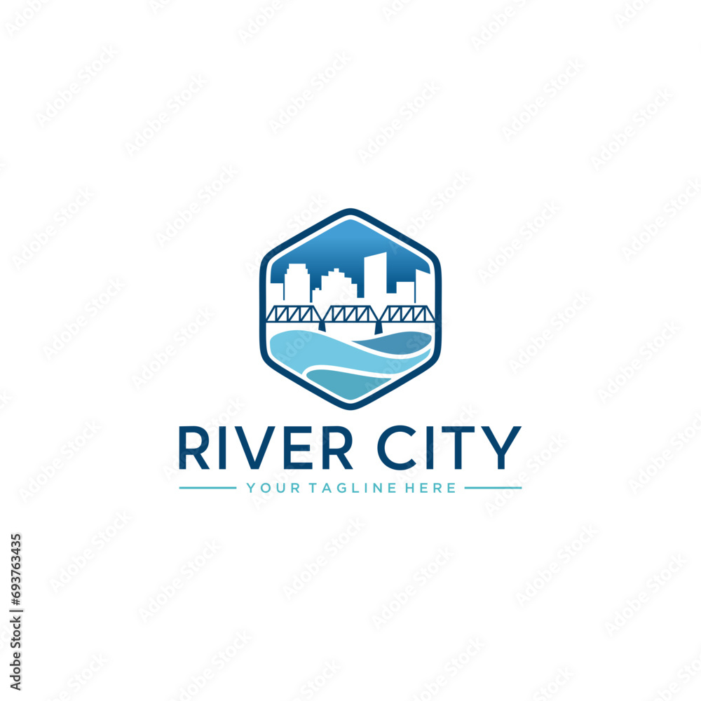 City River with Moon / Sun Background Buildings Logo Design Vector, River City With Bridge Logo Design Inspiration