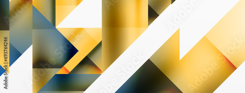Vivid abstraction unfolds. Triangles in seamless harmony, composing dynamic geometric backdrop. Interplay of angles and hues forms captivating tapestry, evoking modernity and artistic allure