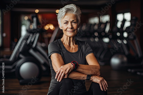 A slender elderly woman in the gym. photo