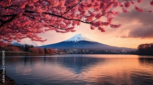 landscape picture of mount fuji area with blooming pink Sakura or Cherry blossom beside clear river at Japan.