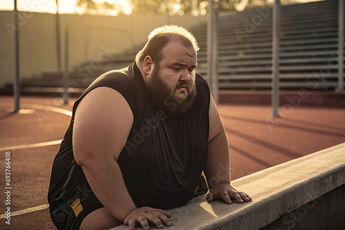 overweight man tired after running on a running track thinking that it is difficult to lose weight