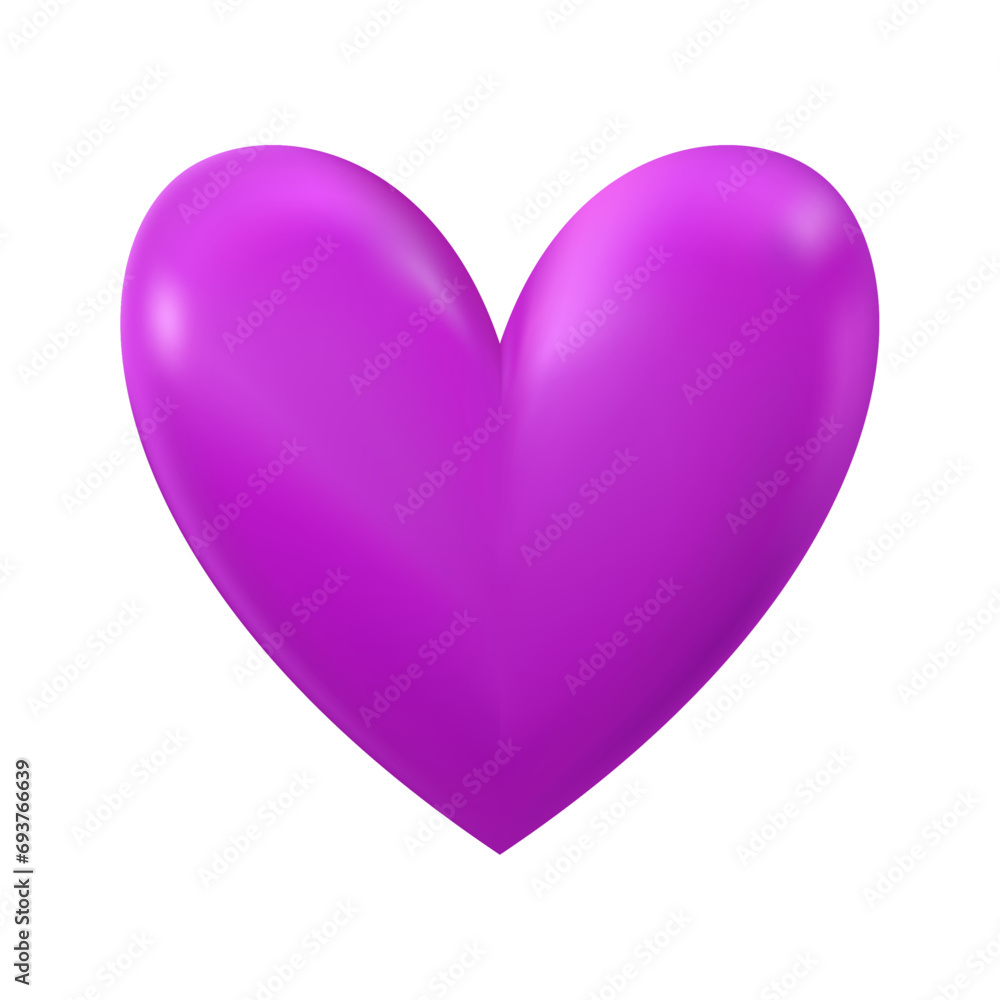 Purple heart cartoon icon sign or symbol valentine romance concept on white background 3d illustration