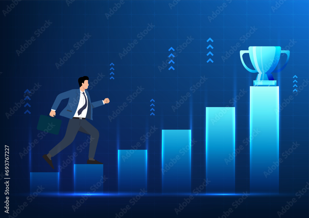 Businessman running upwards Graph the chart to get the trophy. Shows how to do business to reach goals Let the company grow exponentially, Chart price of a company's online financial business Businessman running upwards Graph the chart to get the trophy. Shows how to do business to reach goals Let the company grow exponentially, Chart price of a company's online financial business