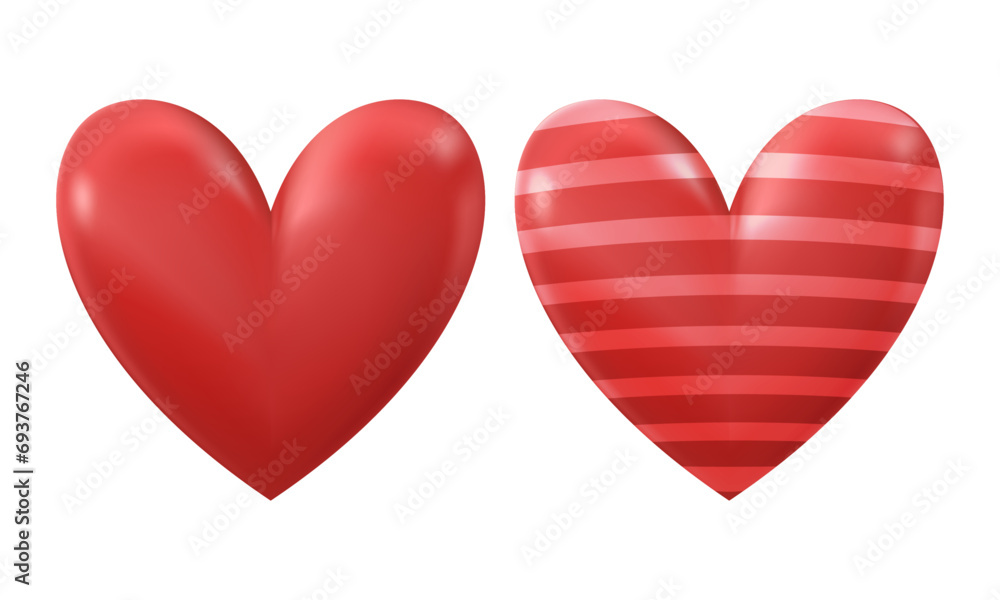 Vector red shiny hearts symbol realistic 3d vector illustration isolated on white background