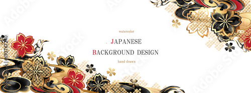 和柄, 和風, 背景, 年賀状, 桜, 花, ベクター, 金箔, ゴールド, フレーム, 和, 春, 水彩, イラスト