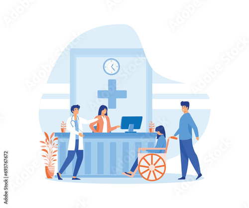 Reception in hospital with patients. Waiting room with disabled man. Healthcare. flat vector modern illustration 