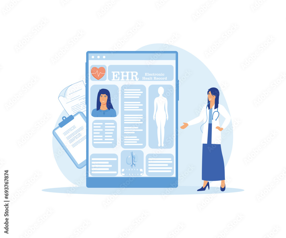Electronic health record, EHR digital patient tablet chart, female doctor. New technology to replace paper clinical data, medical treatment history application. flat vector modern illustration Electronic health record, EHR digital patient tablet chart, female doctor. New technology to replace paper clinical data, medical treatment history application. flat vector modern illustration