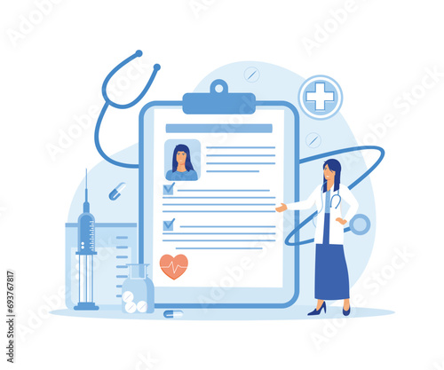 Abstract tablet with patient health status and history file. E-health system for data and information collection. flat vector modern illustration