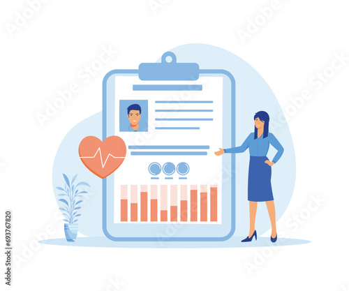 Tablet with patient photo, cardiogram and health indicators for monitoring. Concept of medical record, history or profile, information for diagnostics. flat vector modern illustration