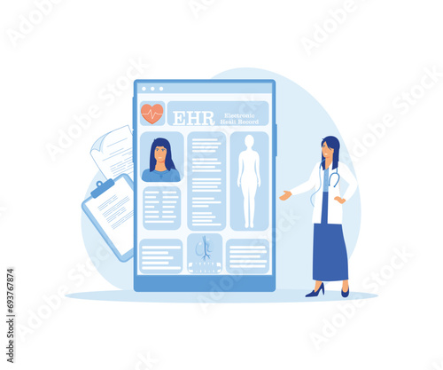 Electronic health record, EHR digital patient tablet chart, female doctor. New technology to replace paper clinical data, medical treatment history application. flat vector modern illustration