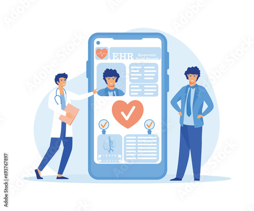 Electronic health record, EHR digital patient chart on smartphone. Male doctor reading medical, treatment history, clinical data of young man, healthcare app. flat vector modern illustration