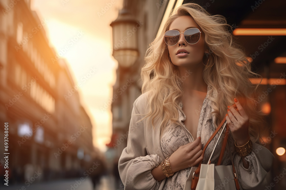 Fototapeta premium stylish blonde girl with her bag on a sunset in the city - shopping day concept