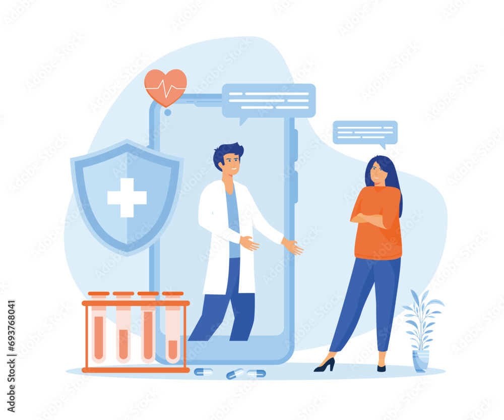  Online medical consultation and support services concept. Doctor video calling on smart phone screen.  flat vector modern illustration 