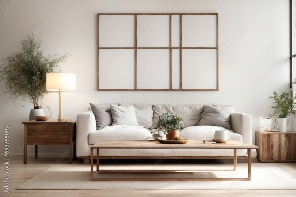 Square coffee table near white sofa and rustic cabinets against white wall with blank poster frames with copy space. Japanese home interior design of modern living room