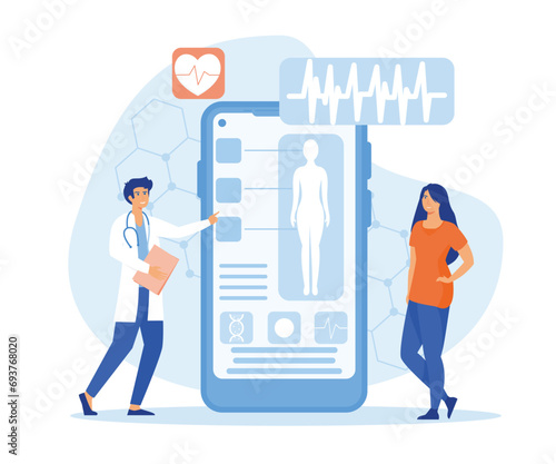 Doctor examining patient using medical application on smart phone, online medical consultation and technology concept. flat vector modern illustration