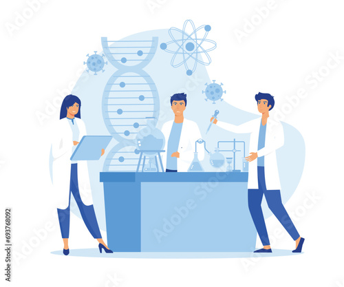 Scientists two men and woman working at science lab. Laboratory interior, equipment and lab glassware.  flat vector modern illustration 