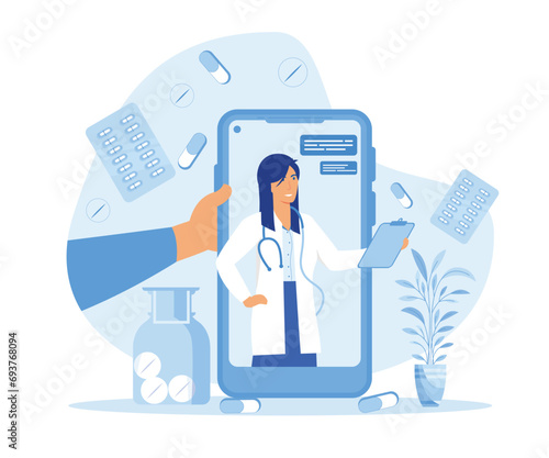  Online medicine and health care, doctor consultations and treatment using a smart phone, internet connected hospital. flat vector modern illustration 