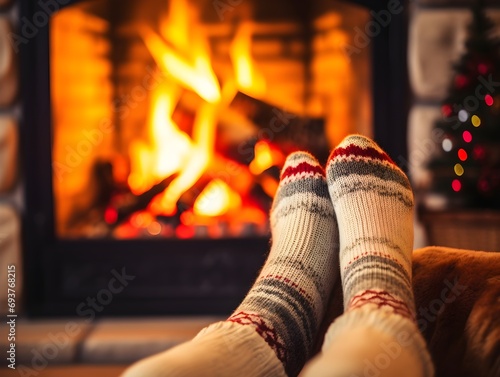 Feet in woollen socks by the fireplace. Winter and holidays concept.