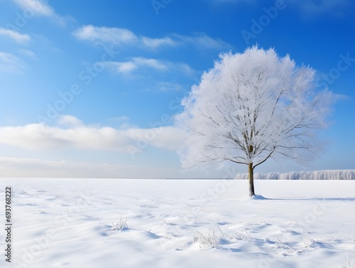 A lone tree in the middle of a snowy field. Winter landscape