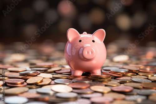 Pink piggy bank on a pile of coins - concept of saving money