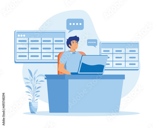 Man working with big data and databases, using laptop and excel tables.  flat vector modern illustration 