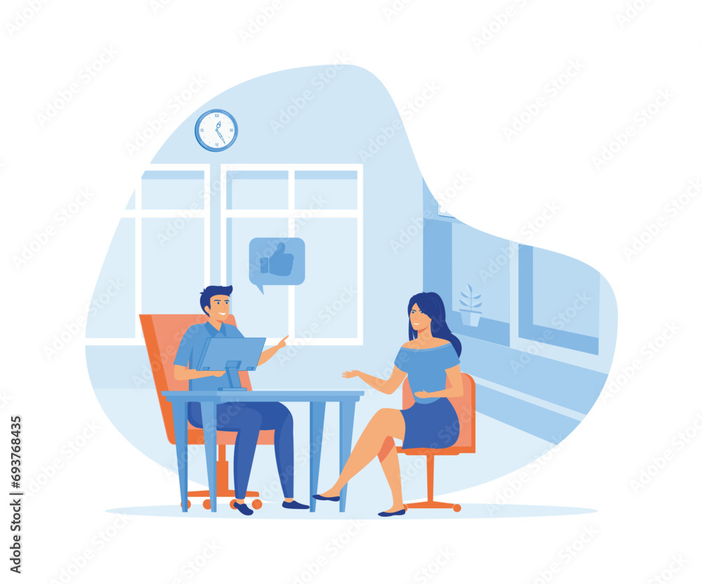 Job interview women. Job seeker and employer sit at the table and talk. flat vector modern illustration Job interview women. Job seeker and employer sit at the table and talk. flat vector modern illustration