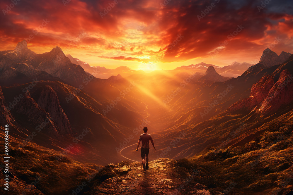 man running through the mountains on a beautiful sunset