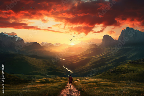 man running through the mountains on a beautiful sunset © arhendrix