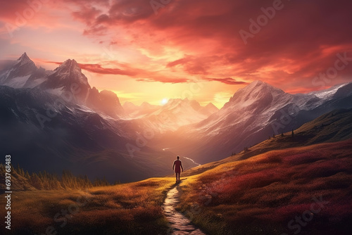 man running through the mountains on a beautiful sunset