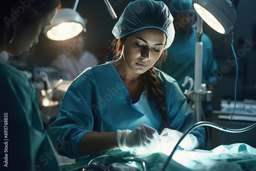 Female doctor in the operating room performing an operation photo
