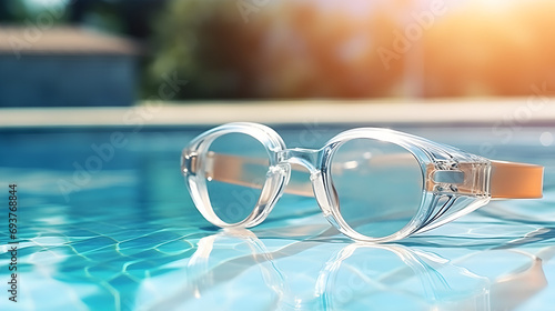 Swimming goggles on the side of the pool