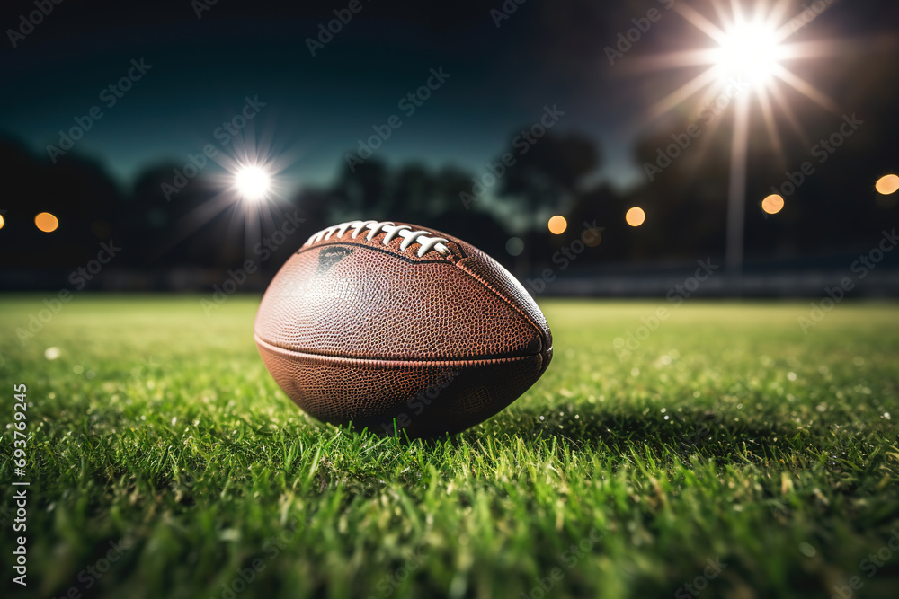 closeup of an American football ball on the grass of a stadium at night about to start a game - copyspace closeup of an American football ball on the grass of a stadium at night about to start a game - copyspace