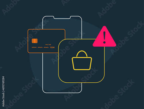 Online e-commerce shopping mobile fraud alert. Warning of fraudulent card payment Credit card scam. Mobile fraud alert notification. Vector illustration isolated on black background with icons