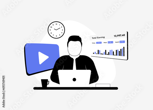 Video Marketing Strategy. Successful blogger monetizes video blog, online income and global influence. Programmatic Marketing and Social Content. Vector illustration isolated on white background