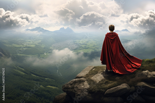 boy in a red cape dreaming of being a superhero on the top of the mountain © arhendrix