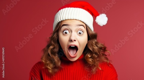 Christmas and New Year. A cheerful  beautiful-haired teenage girl in a knitted sweater and Santa Claus hat was very surprised - generative ai