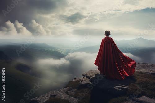 boy in a red cape dreaming of being a superhero on the top of the mountain