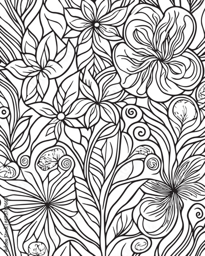 Doodle floral drawing. Art therapy coloring page. 