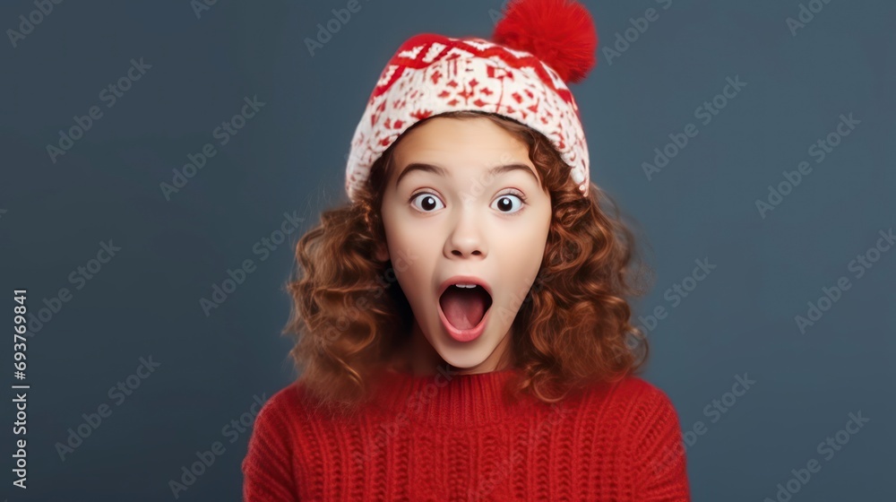 Christmas and New Year. A cheerful, beautiful-haired teenage girl in a knitted sweater and Santa Claus hat was very surprised - generative ai