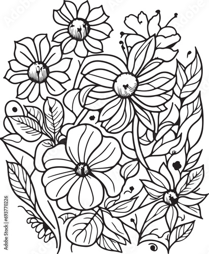 Design for coloring book. Beautiful wildflowers, lilies, roses and daisies on whole screen. Antistress or entertainment for adults and children. Cartoon flat vector illustration in linear style