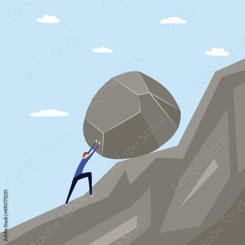 Bild auf Leinwand A man makes an effort, pushes and rolls a stone up the mountain.
