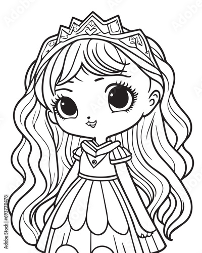 Princess vector coloring book black and white for adults isolated line art on white background.