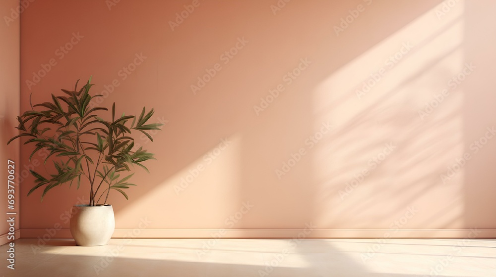 The interior of the house with an empty peach wall, a flower pot, and light from the window. A sunny day The interior of the house with an empty peach wall, a flower pot, and light from the window. A sunny day