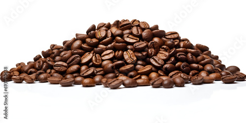 Top view Roasted coffee beans on white, Roasted coffee beans with small wooden scoop isolated on white background, Chestnut on white background, generative AI 