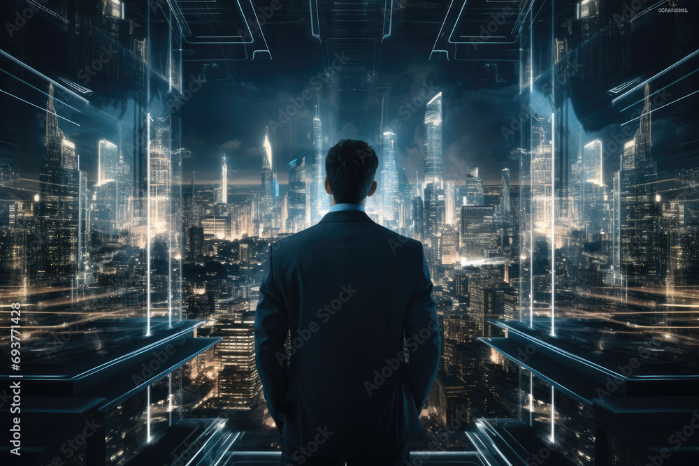 Back view of Businessman looking at night City Ai generator Back view of Businessman looking at night City Ai generator