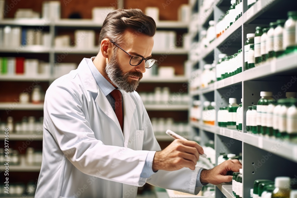 Photo of a professional pharmacist checking stock in the storage room. Generative AI