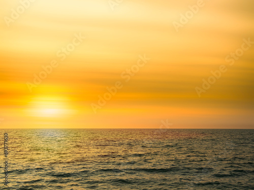 Sky Sunset Sea Background Sunrise Cloudy Ocean Island Light Golden Beautiful Nature, Mockup Travel Vacation Tourism Holidays Tropical Summer, Reflection Sunlight on Water Shore Seascape. © wing-wing